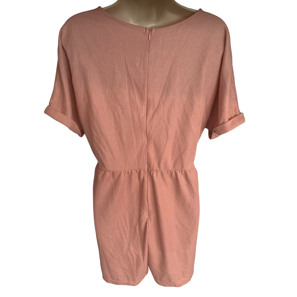 Pink Ribbed Knit V-Neck Romper Cuffed Sleeve Pockets Size L - Picture 2 of 5